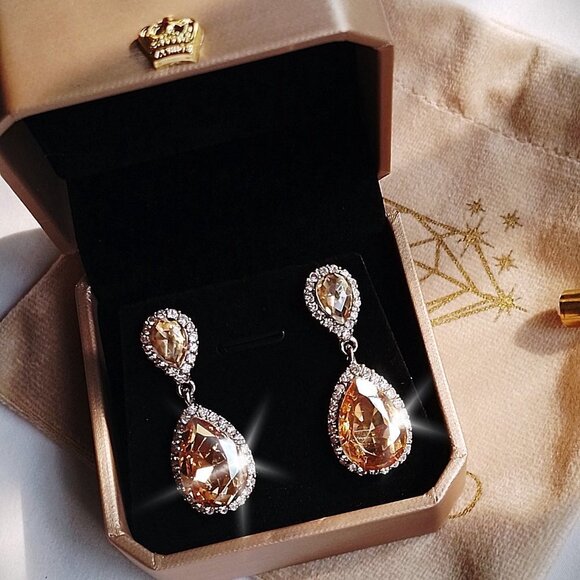 925 Silver Sterling Long Champaign Earrings Simulated Crystal Diamonds - Picture 4 of 6